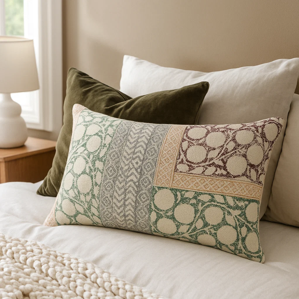 Block Printed Cotton Geometric Botanical Lumbar Cushion Cover – Handcrafted Cotton Cushion Cover with Embroidery