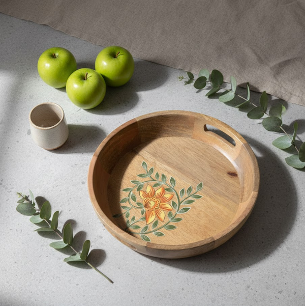 Round Mango Wood Tray | Hand Printed Floral Artisan Serveware