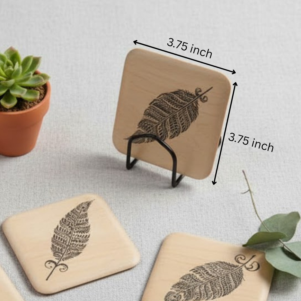 Hand Printed Ethnic Feather Wooden Coasters (Set of 4)