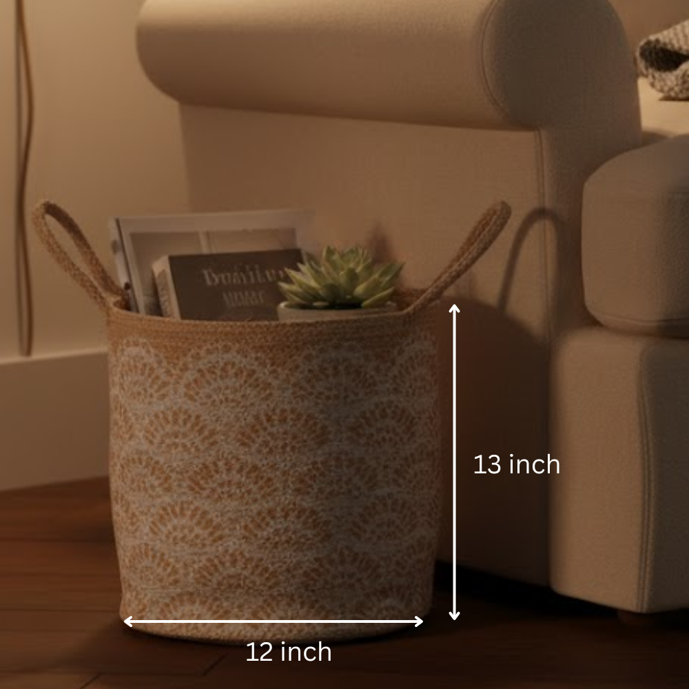 Handwoven Floral Printed Jute Basket – Eco-Friendly Artisan Jute Basket for Storage & Décor