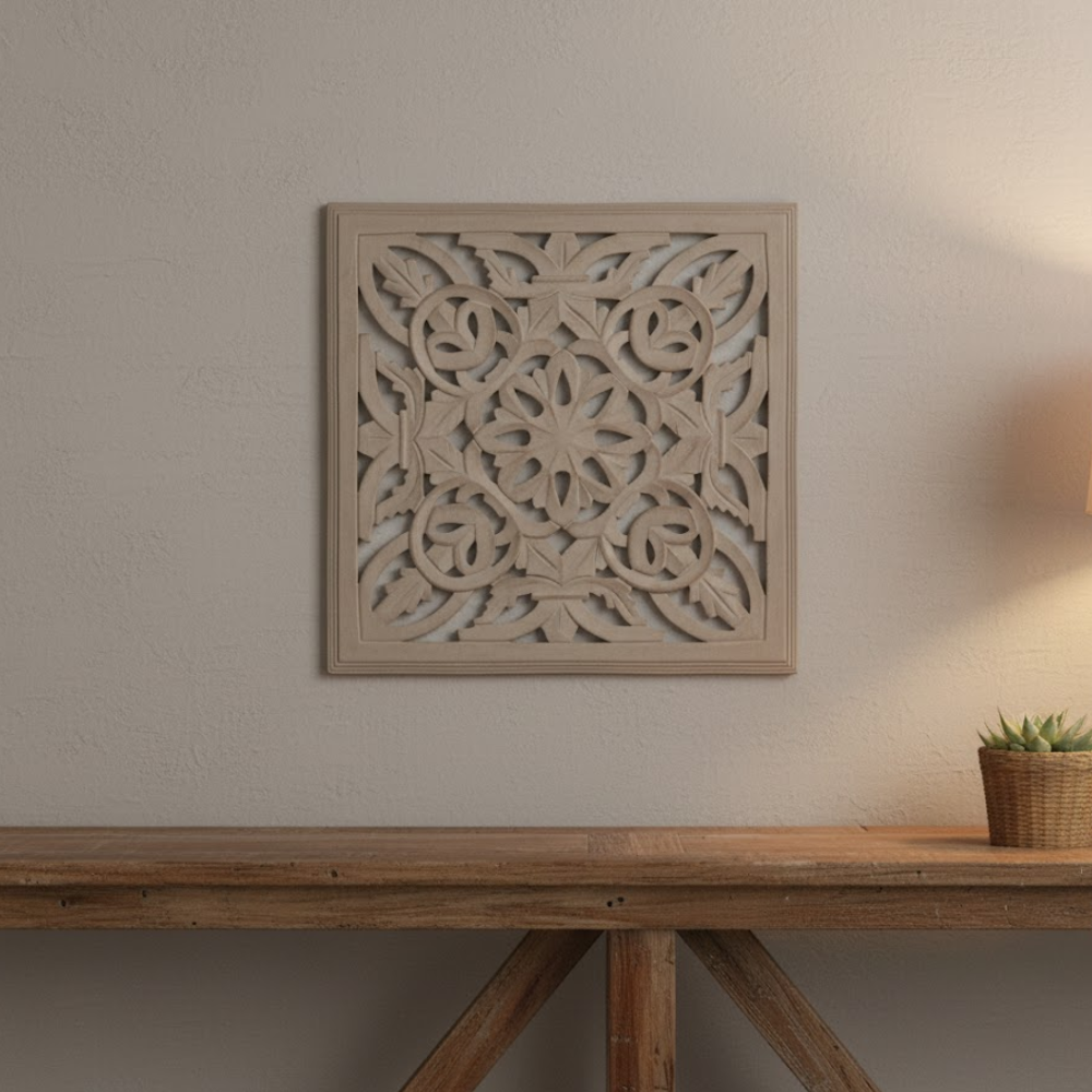 Taupe MDF Medallion Wall Plaque – Handcrafted Vintage Boho Floral Wall Décor