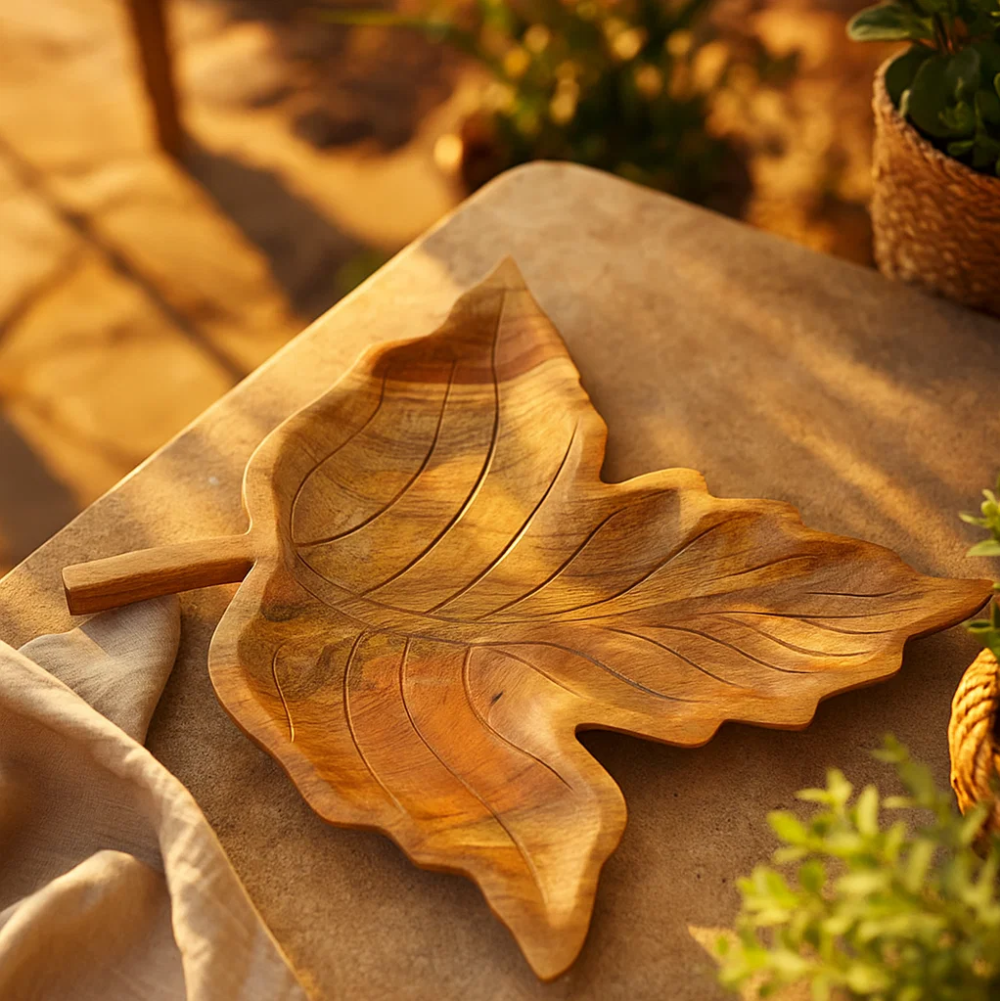 Maple Leaf Hand Carved Raw Mango Wood Platter