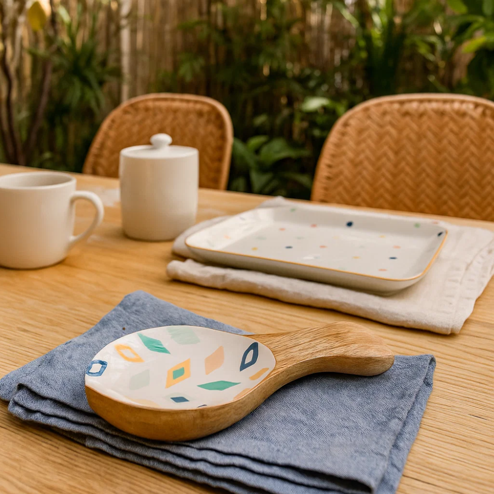 Geometric Enamelled Mango Wood Serving Platter