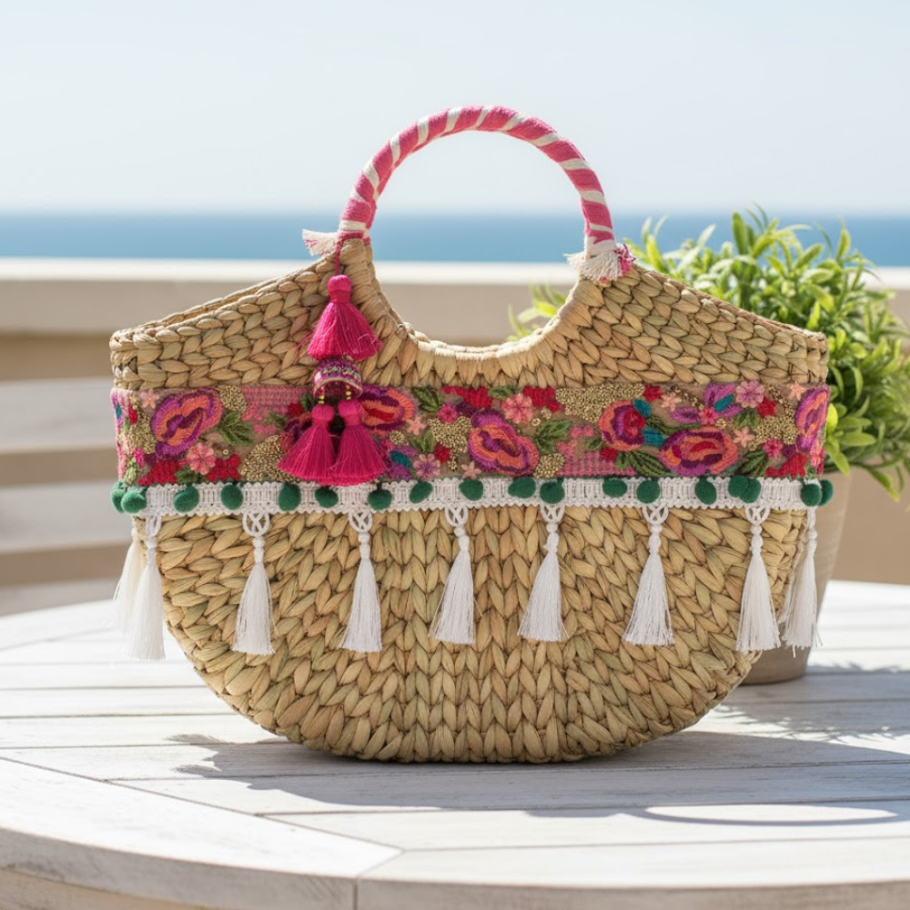 Floral Basket Woven Handbag – Cane Moon Bag for Women