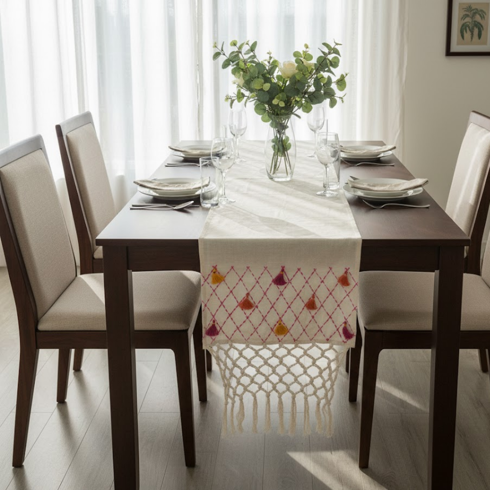 Handwoven Tassels & Net Design Cotton Table Runner