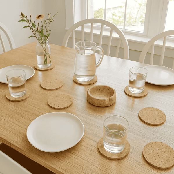 Cork Coasters Set | Round Set of 6 with Storage Box