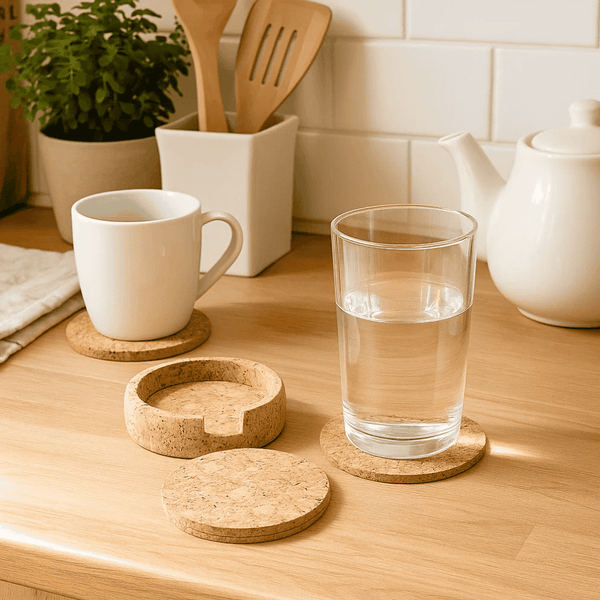 Cork Coasters Set | Round Set of 6 with Storage Box