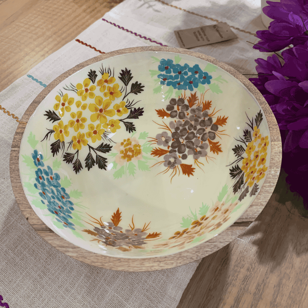 Botanical Handpainted Mango Wood Bowl