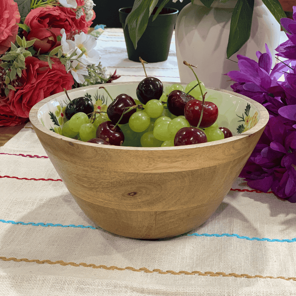 Botanical Handpainted Mango Wood Bowl