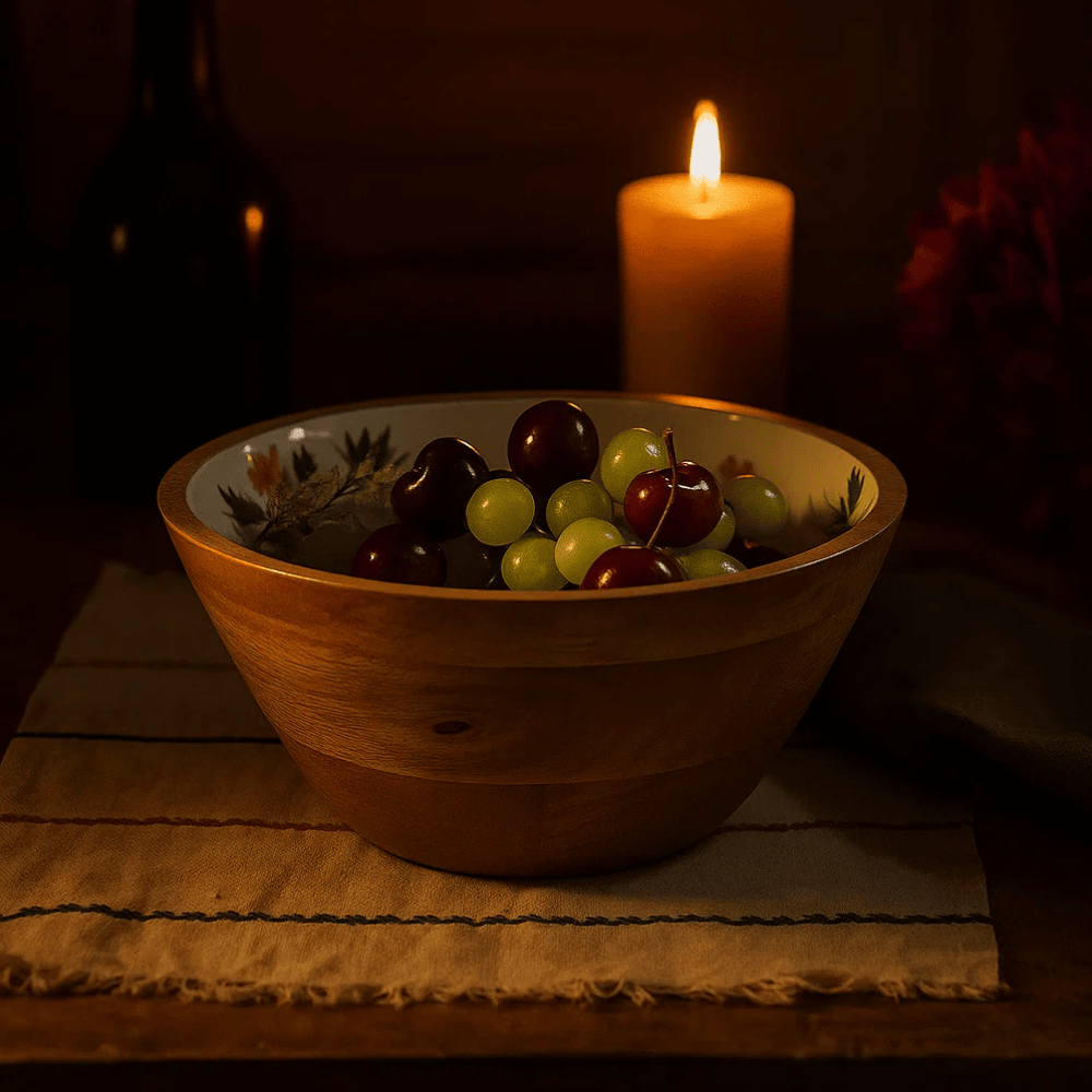 Botanical Handpainted Mango Wood Bowl