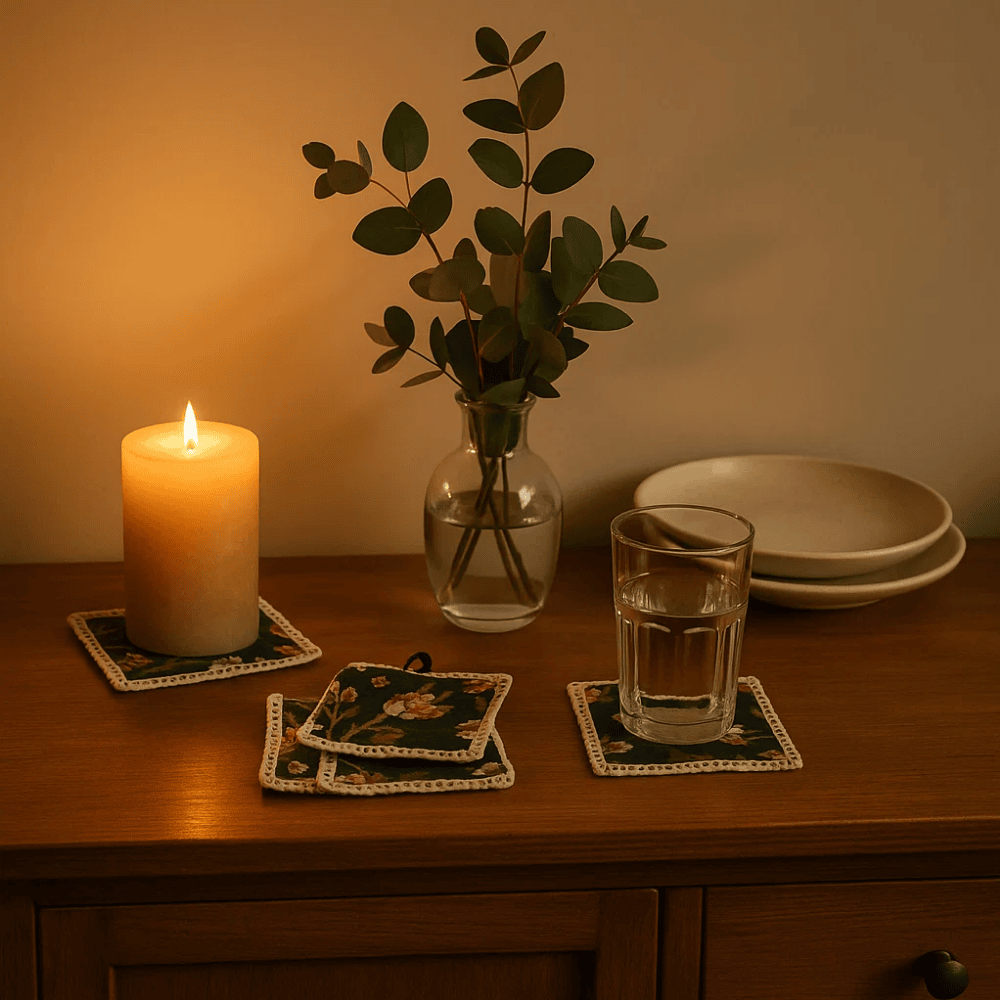 Block Printed Midnight Floral Cotton Coasters