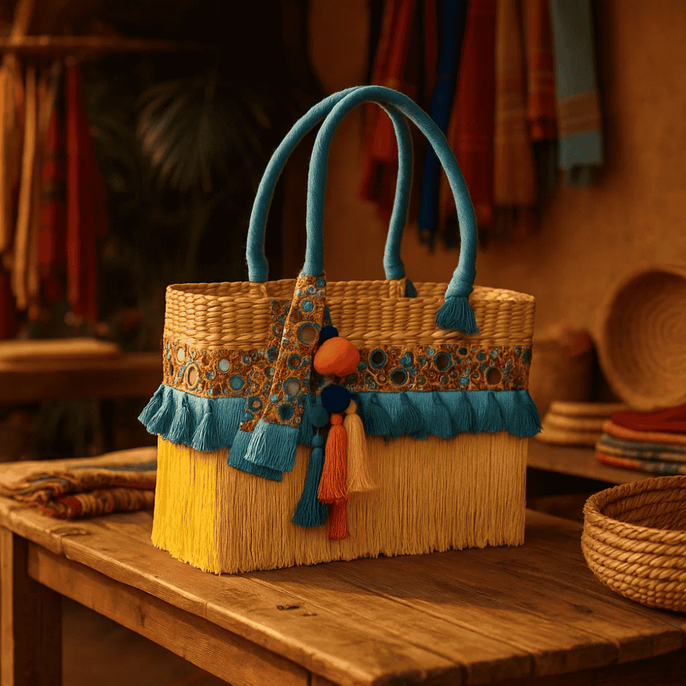 Tasseled Basket Woven Cane Yellow Handbag