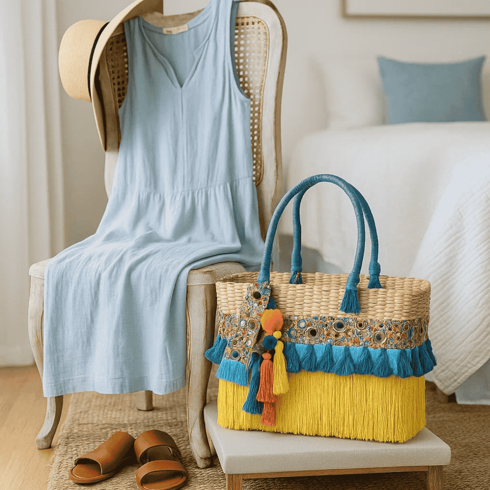 Tasseled Basket Woven Cane Yellow Handbag