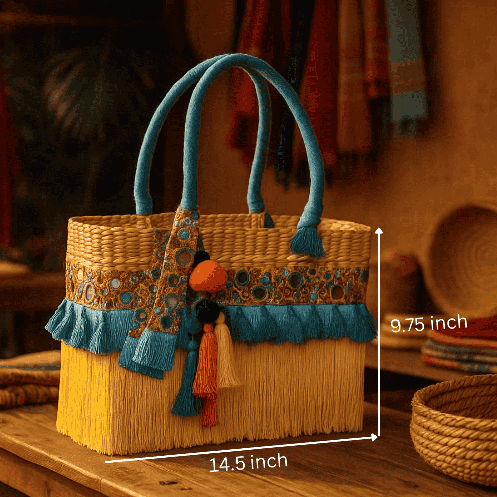 Tasseled Basket Woven Cane Yellow Handbag