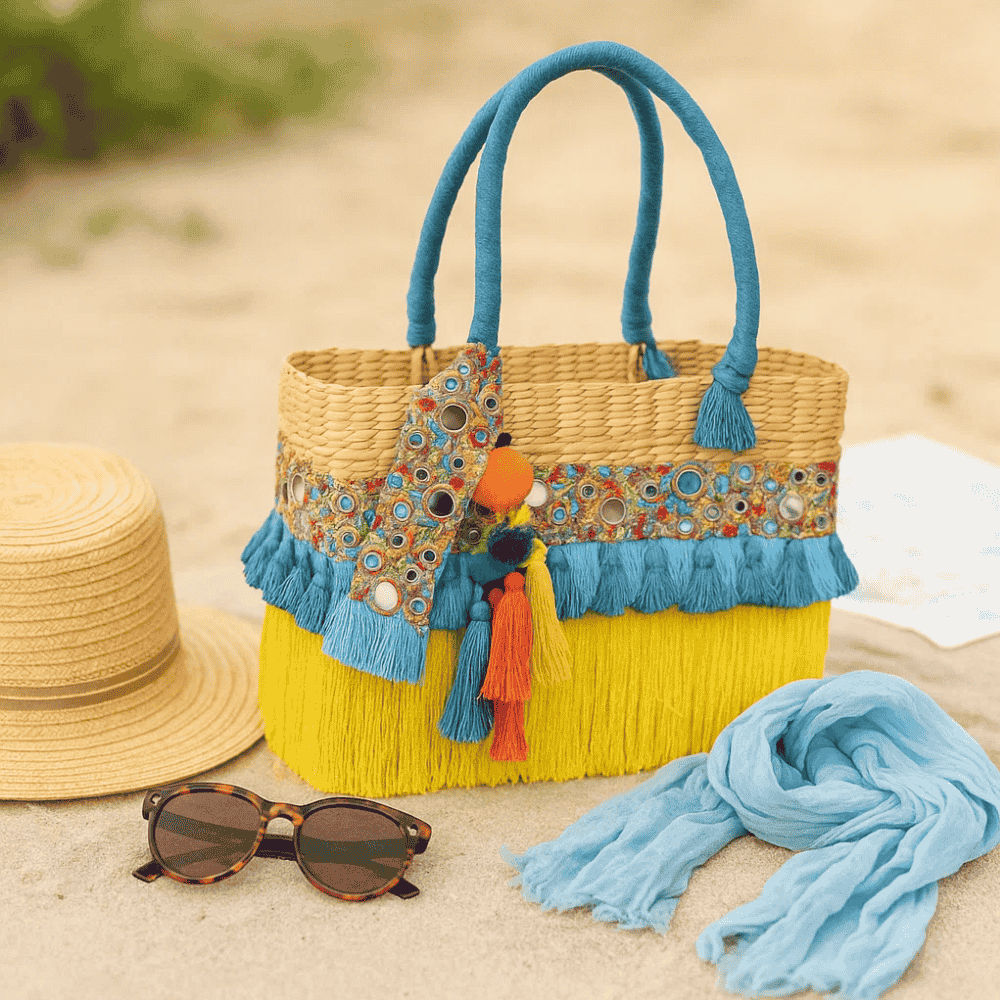 Tasseled Basket Woven Cane Yellow Handbag