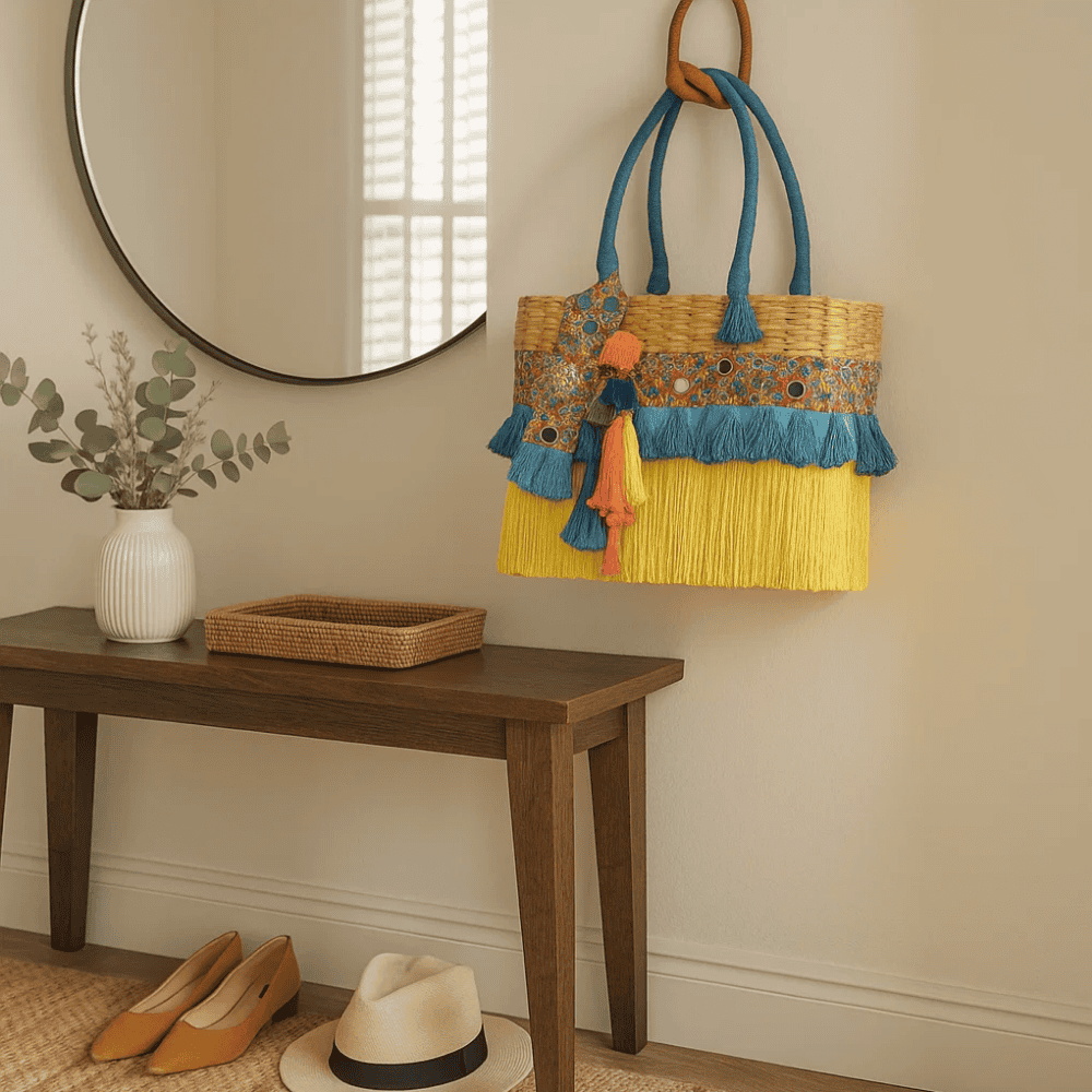 Tasseled Basket Woven Cane Yellow Handbag