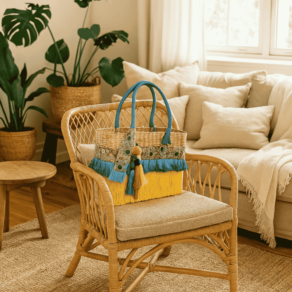 Tasseled Basket Woven Cane Yellow Handbag