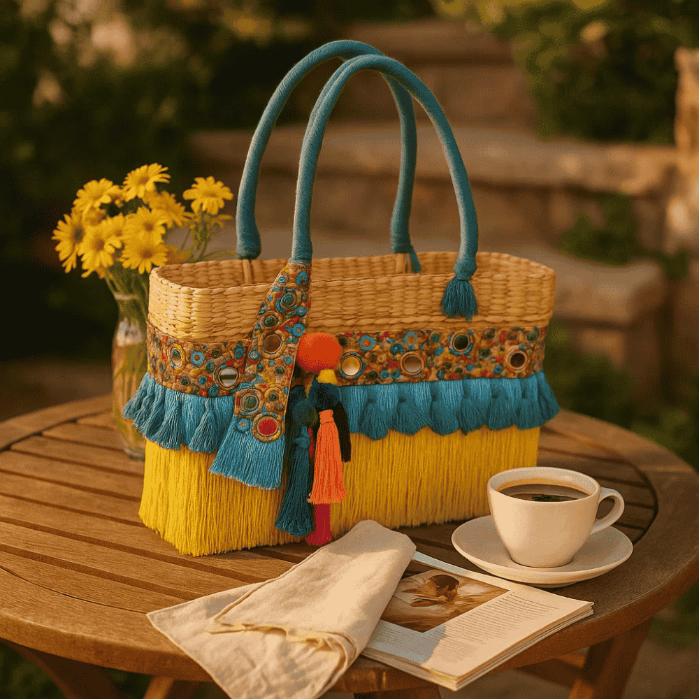 Tasseled Basket Woven Cane Yellow Handbag