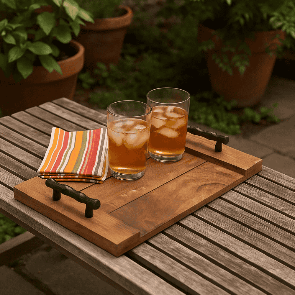 Vintage Wooden Serving Tray with Metal Handles