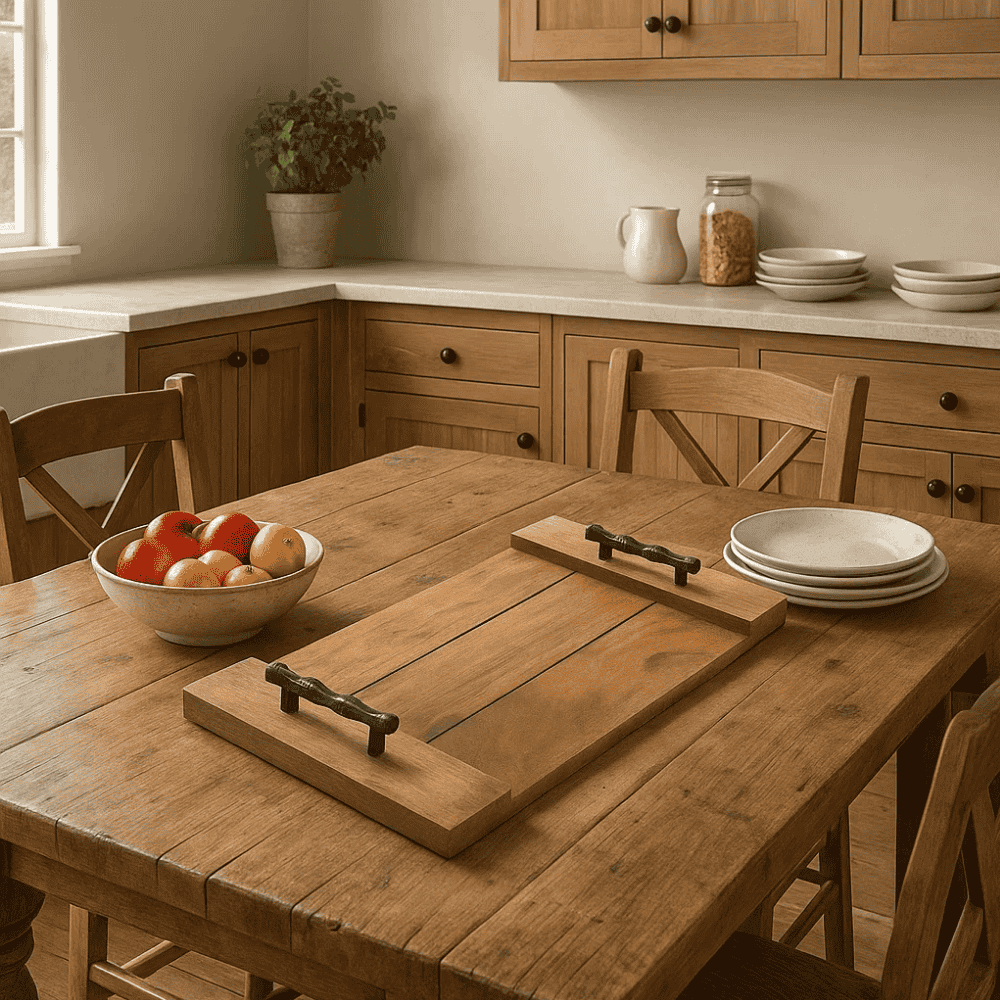 Vintage Wooden Serving Tray with Metal Handles