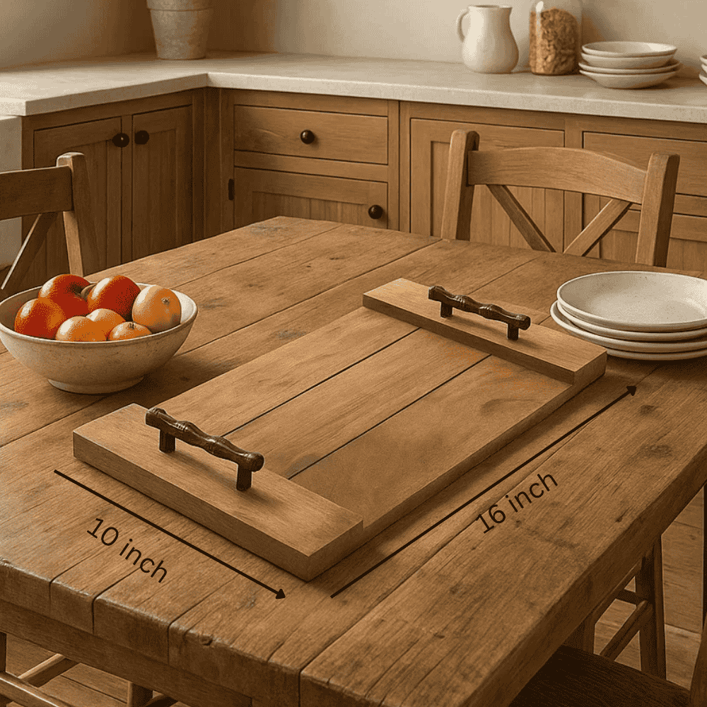 Vintage Wooden Serving Tray with Metal Handles