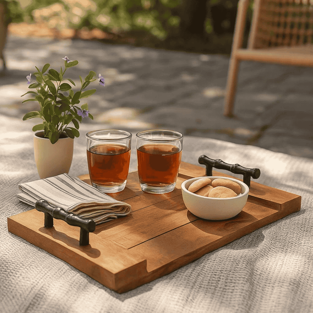 Vintage Wooden Serving Tray with Metal Handles