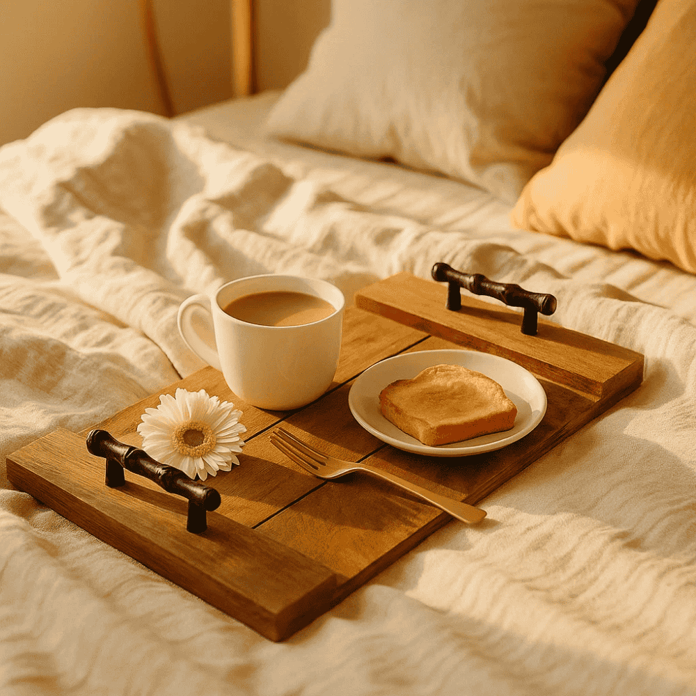 Vintage Wooden Serving Tray with Metal Handles