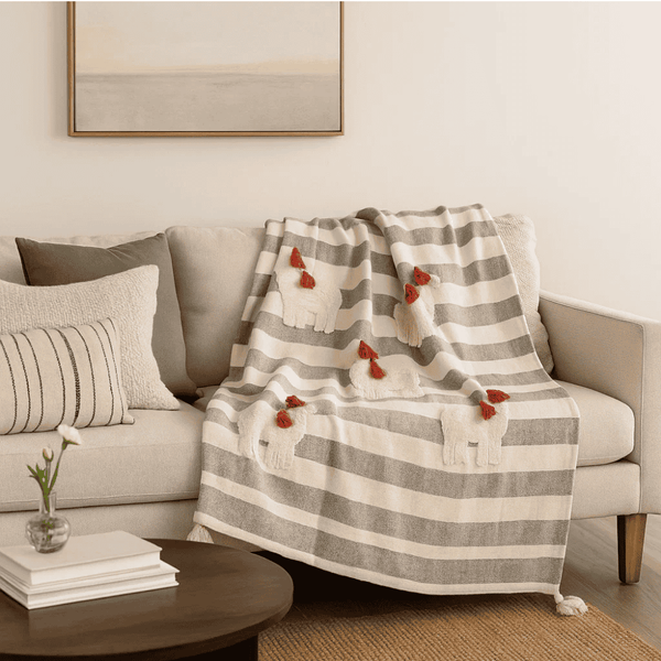 Embroidered Throw Blanket | Striped Tasseled Cotton Boho Decor