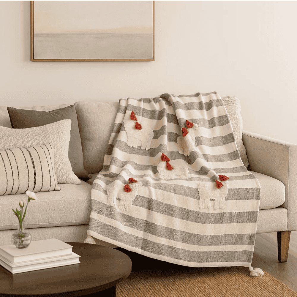 Striped & Embroidered Cotton Throw