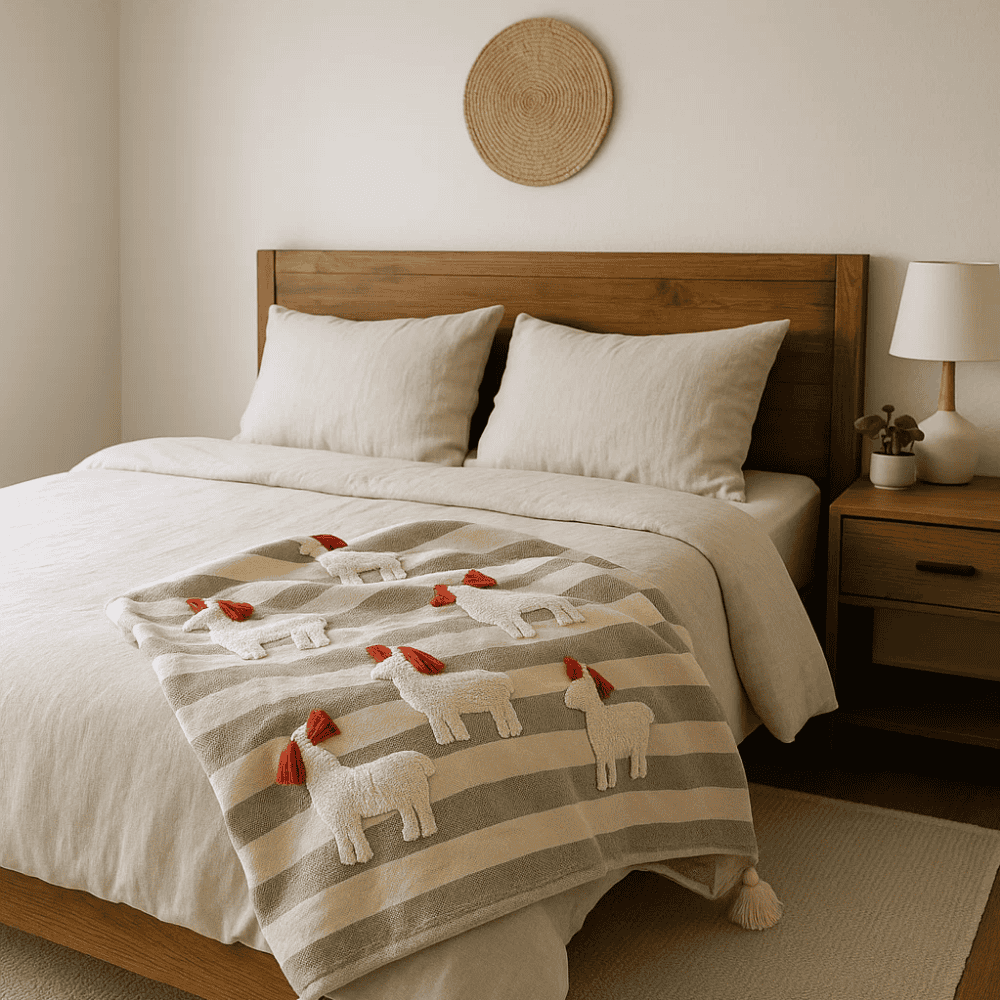 Striped &amp; Embroidered Cotton Throw