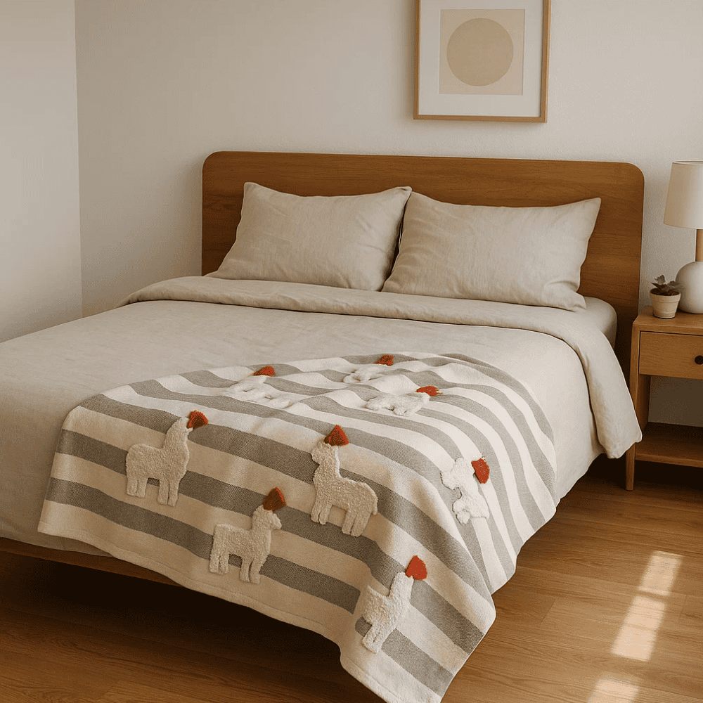 Striped &amp; Embroidered Cotton Throw