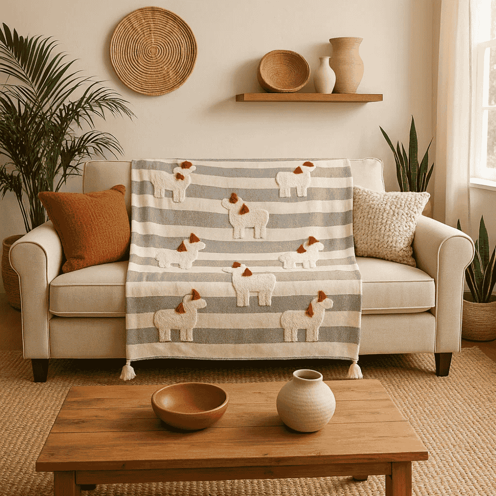 Striped &amp; Embroidered Cotton Throw