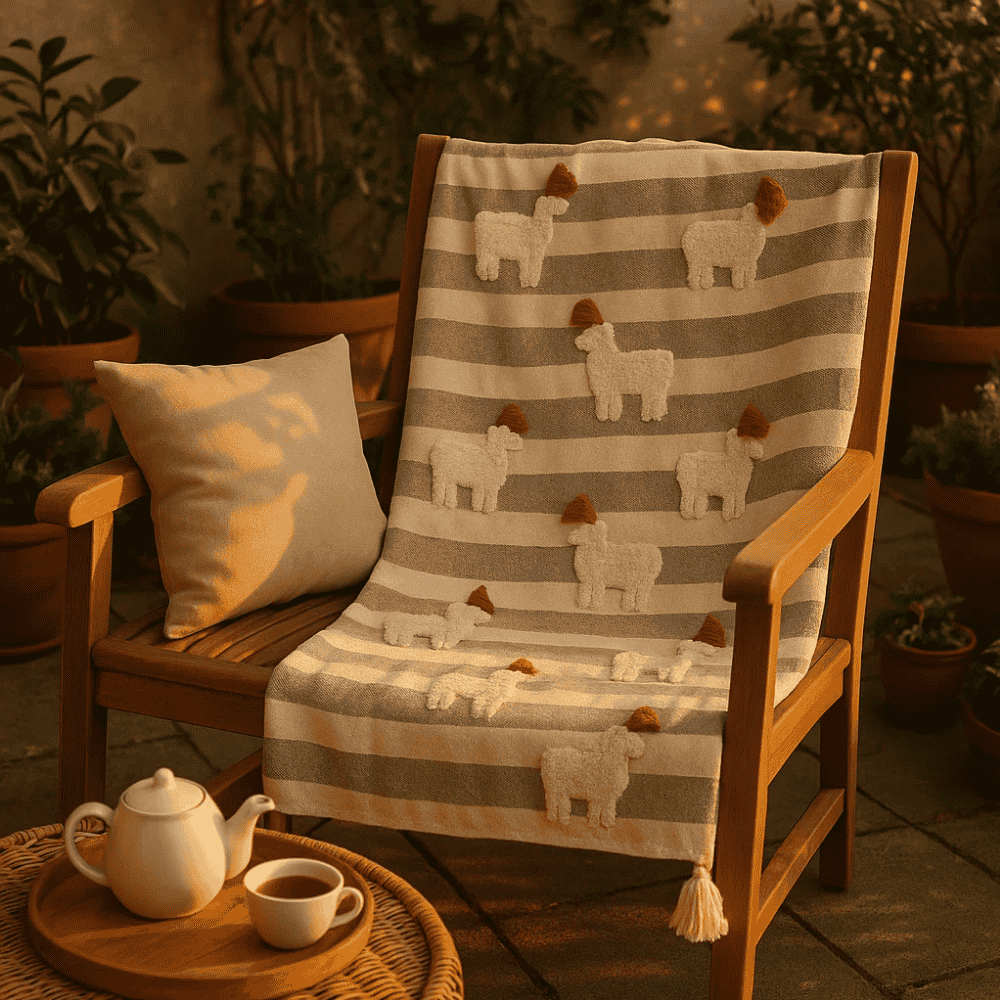 Striped &amp; Embroidered Cotton Throw