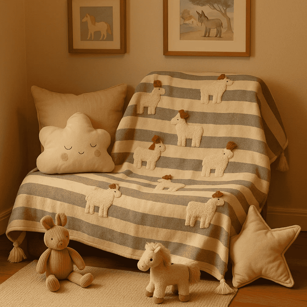 Striped &amp; Embroidered Cotton Throw