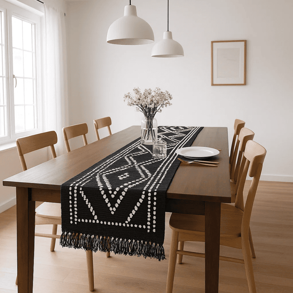 Monochrome Table Runner | Diamond Handwoven Cotton Decor