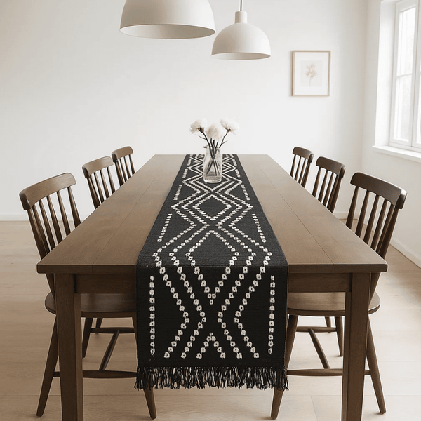 Monochrome Table Runner | Diamond Handwoven Cotton Decor