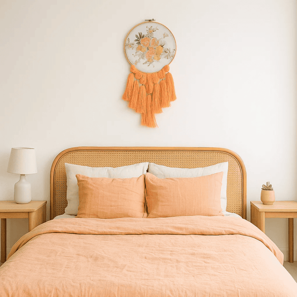 Rose Embroidery Wall Hanging | Handmade Peach Tassel Boho Decor