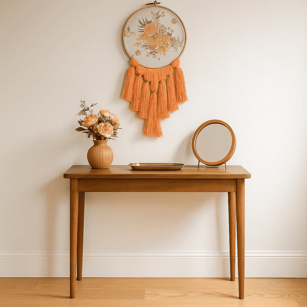 Rose Embroidery Wall Hanging | Handmade Peach Tassel Boho Decor