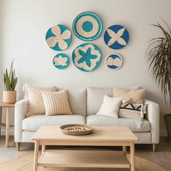 Teal Sabai Grass Wall Plates | Handwoven Set of 5 Boho Decor