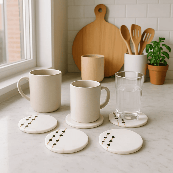 Leaf Marble Coasters | Hand Cut Inlaid Set of 4 Drink Coasters