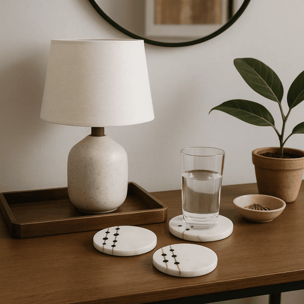 Leaf Marble Coasters | Hand Cut Inlaid Set of 4 Drink Coasters
