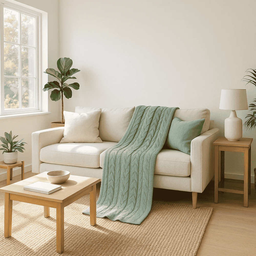 Knitted Sage Green Cotton Throw Blanket