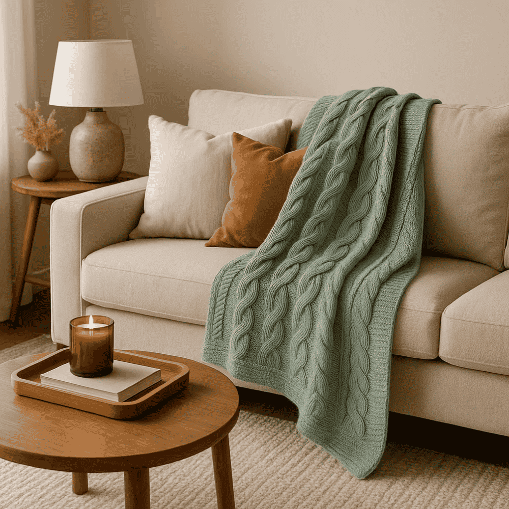 Knitted Sage Green Cotton Throw Blanket