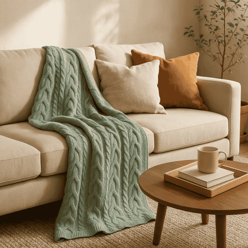 Knitted Sage Green Cotton Throw Blanket