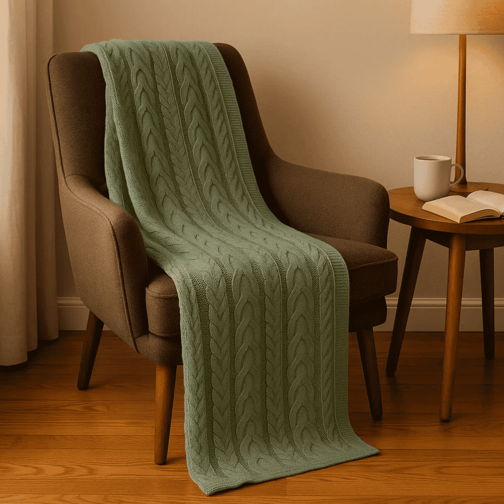 Knitted Sage Green Cotton Throw Blanket