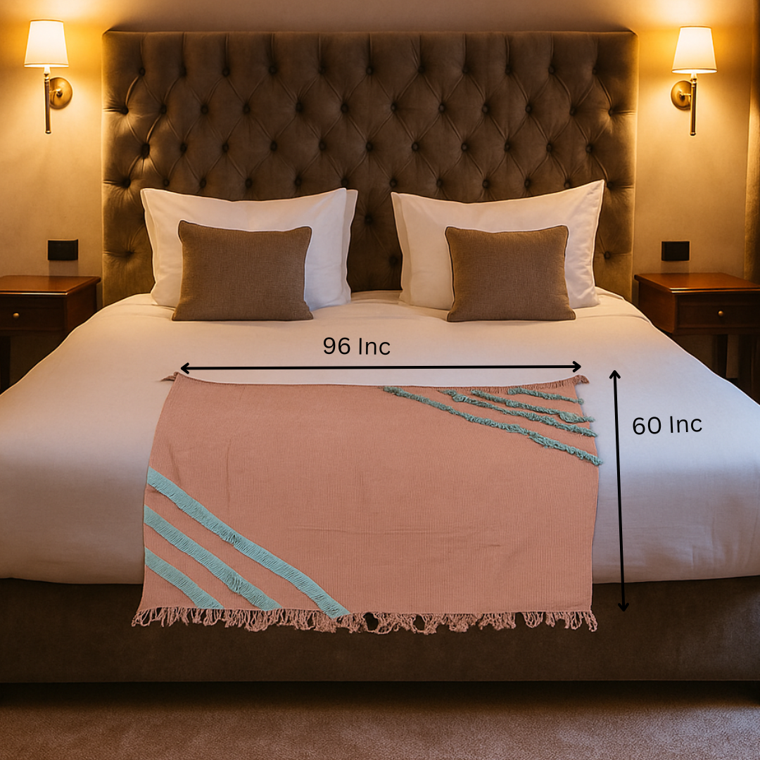 Handwoven Dusty Pink Throw with Teal Accents – Artisan Cotton Throw Blanket - Measurement Image