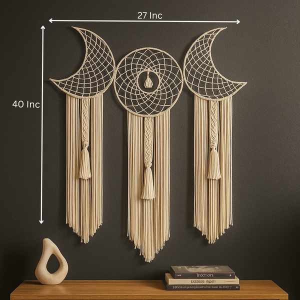 Macrame Moon Wall Hanging | Three Phase Beige Cotton Boho Decor
