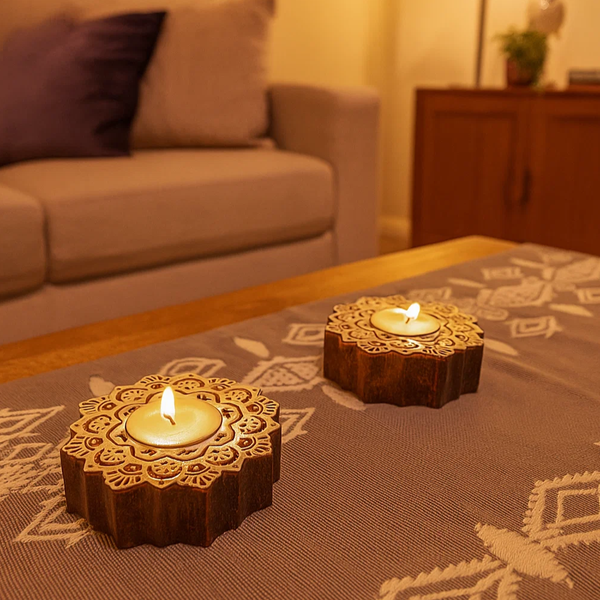 Hand Carved Wooden Mandala Tealight Holders (Set of 2) – Artisan Candle Holders with Intricate Mandala Design