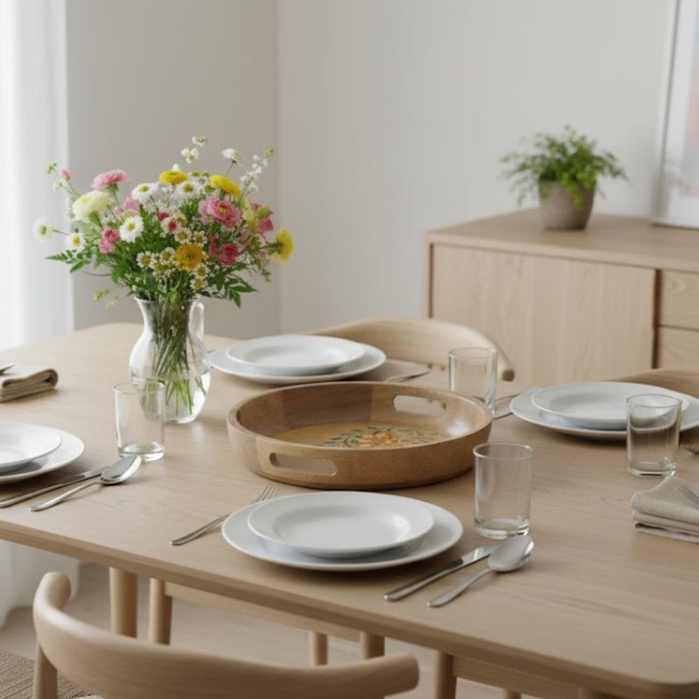 Hand Printed Floral Round Mango Wood Tray