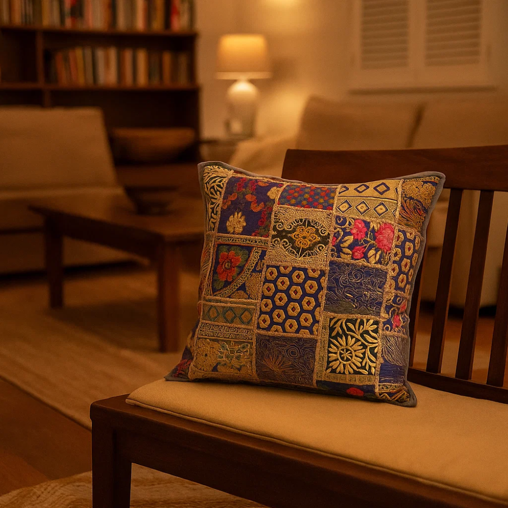 Upcycled Cotton Cushion Cover – Hand-Embroidered Patchwork